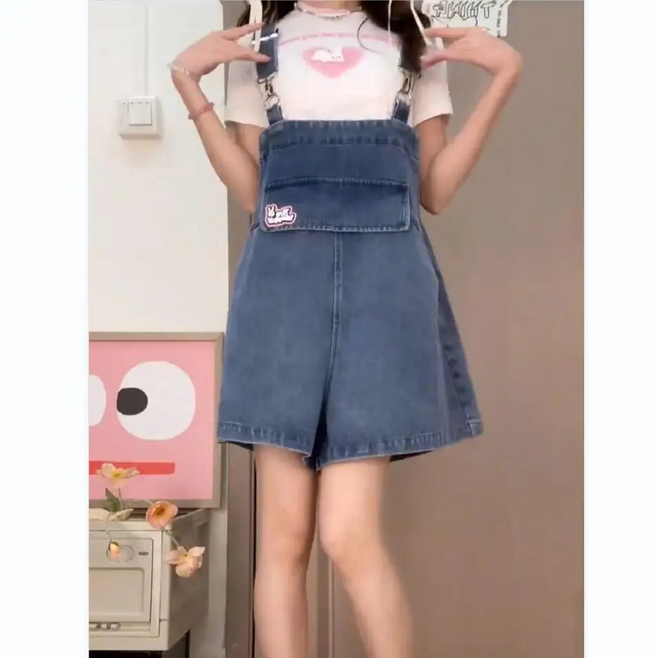 Denim Jumpsuit Rabbit Ears Cute Girl Chic Wide Legs High Waist Loose Korean Japan High Street Solid Jump Suits Women