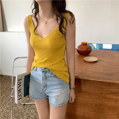 Solid Color Basic Women's Vest Tank Top Solid Color Knitted Tees Top Cropped Top Camisole Sweater V-neck Summer Sleeveless