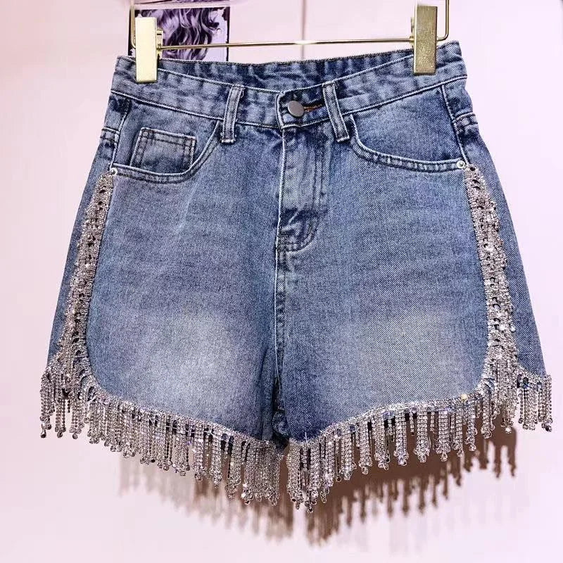 Sexy Wimen Rhinestones Fringed High Waist Hot Drilling Denim Shorts Diamonds Tassels Jeans Hot Pants Chic Crystal Short Trousers