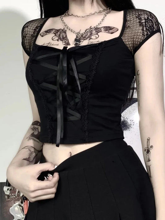 Vintage Tops Goth T-shirt Women Bodycon Bandage Lace Black T-shirts Gothic Streetwear Sexy Female Top Casual Mesh Tee black