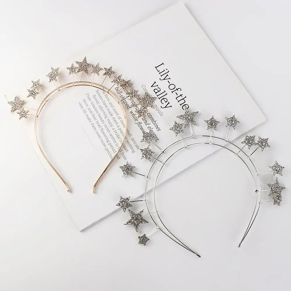 Exaggerated Metal Star Hair Hoop Silver bilayer Halo Crown Princess Bridal Hair Tiara Baroque Hairbands Head Jewelry