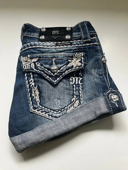 Trendy fashion letter embroidery pattern oversized jeans women's Y2K high street retro loose multi pocket high waist shorts