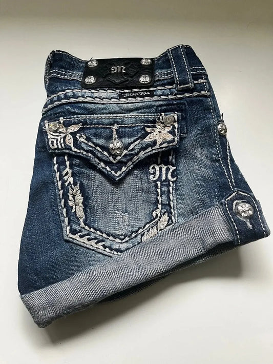 Trendy fashion letter embroidery pattern oversized jeans women's Y2K high street retro loose multi pocket high waist shorts