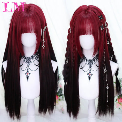 LM Long Silky Straight Synthetic Wigs with Bangs Black Cosplay Party Lolita Hair Wigs for Women Natural Heat Resistant Wig T1B 4 30