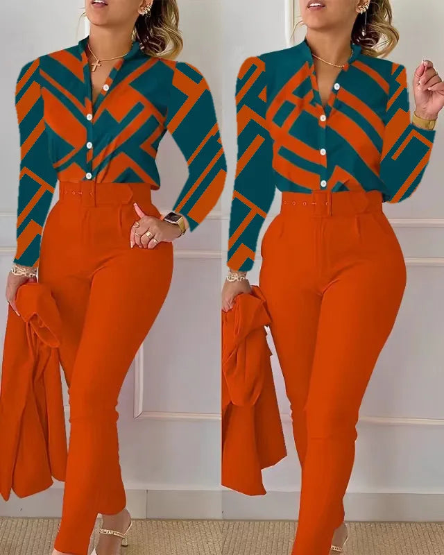 Elegant Women Printed Two Piece Suit Sets Spring Autumn V Neck Long Sleeve Shirt Top & Long Pants Set With Belt Workwear Outfits