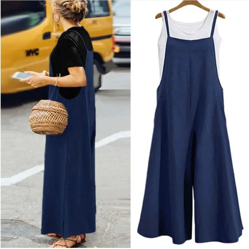 Women's Summer Sleeveless Jumpsuit Solid Color Wide Leg Bib Overalls Casual Loose Cotton Linen Straps Dungaree Badiee Stylez