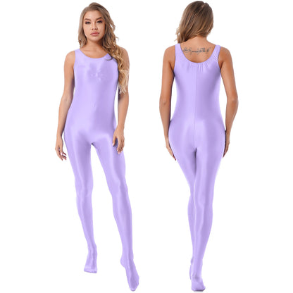 Women Glossy Stretchy Jumpsuit Pantyhose Bodysuit Solid Color Sleeveless Bodystocking Club Rave Pole Dancing Costume Clubwear Light Purple