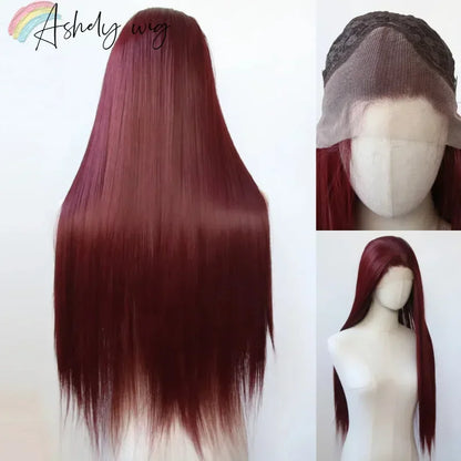 13*4 Dark Brown Synthetic Lace Front Wigs Chocolate Brown Long Straight Lace Front Wig for Women Pre Plucked Natural Hairline Wine Red