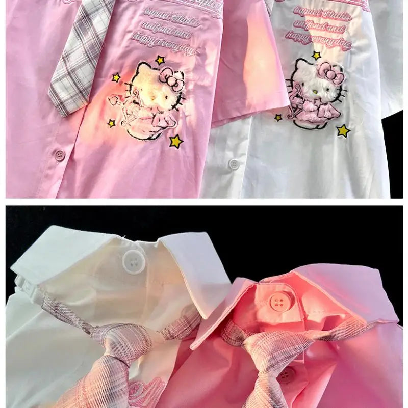Hello Kitty Cute Short Sleeve Polo Shirts Women Sanrio Designer College Style Summer Blouse Korean Clothes Y2k New Fashion Tops