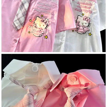 Hello Kitty Cute Short Sleeve Polo Shirts Women Sanrio Designer College Style Summer Blouse Korean Clothes Y2k New Fashion Tops