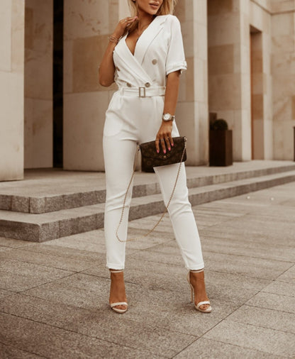 Women Suit Short Sleeve Jumpsuit Slim Fit Fashion Office Lady Spring Summer Elegant Solid Button Sexy High Waist Jumpsuits