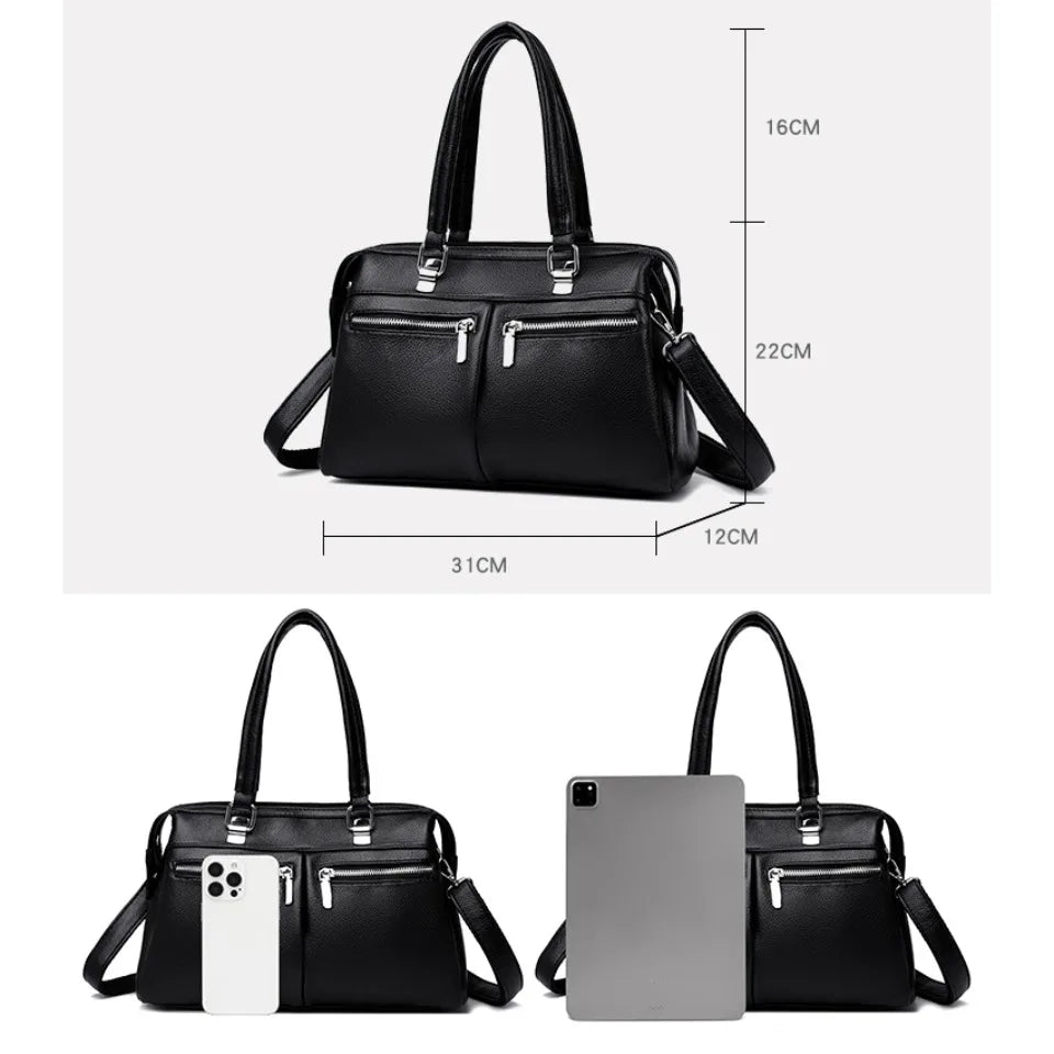 Two Pockets Genuine Brand High Quality Leather Casual Tote Luxury Handbags Women Bags Designer Shoulder Hand Bags for Women Sac