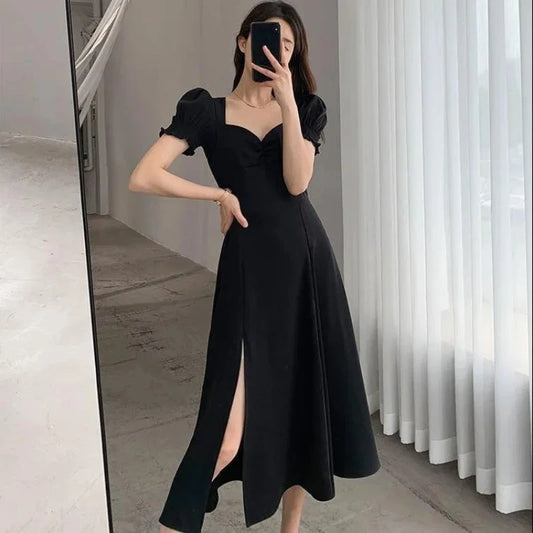 Solid Puff Short-Sleeved Elegant Slit Dress New Fashion Women V-neck Full Dresses Ladies High Waist Slim Evening Party Vestidos black