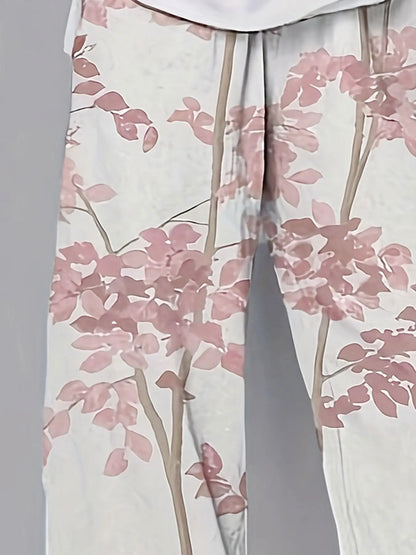 Womens Plus Size Casual Summer Pants Straight Leg Floral Print with Pockets Machine Washable Non Stretch Fabric for Casual Wear