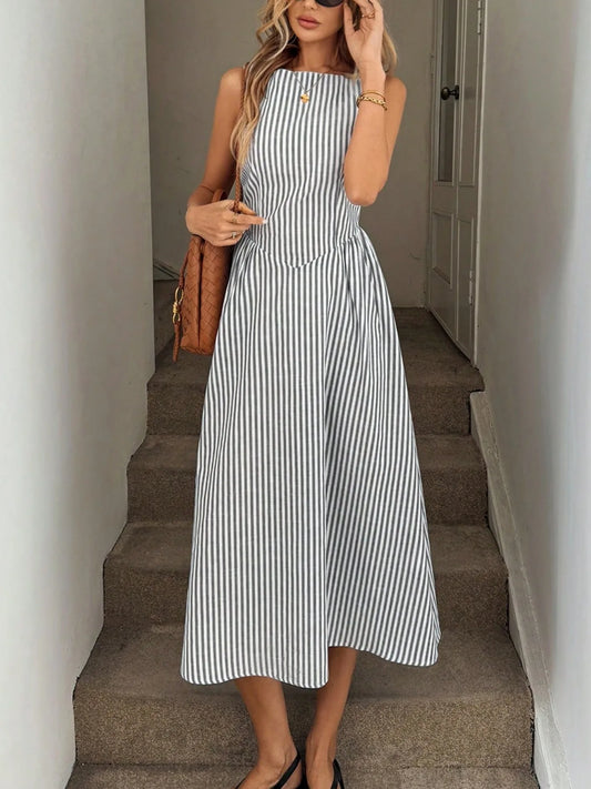 Summer fashion new high-end casual vertical stripe sleeveless dress black