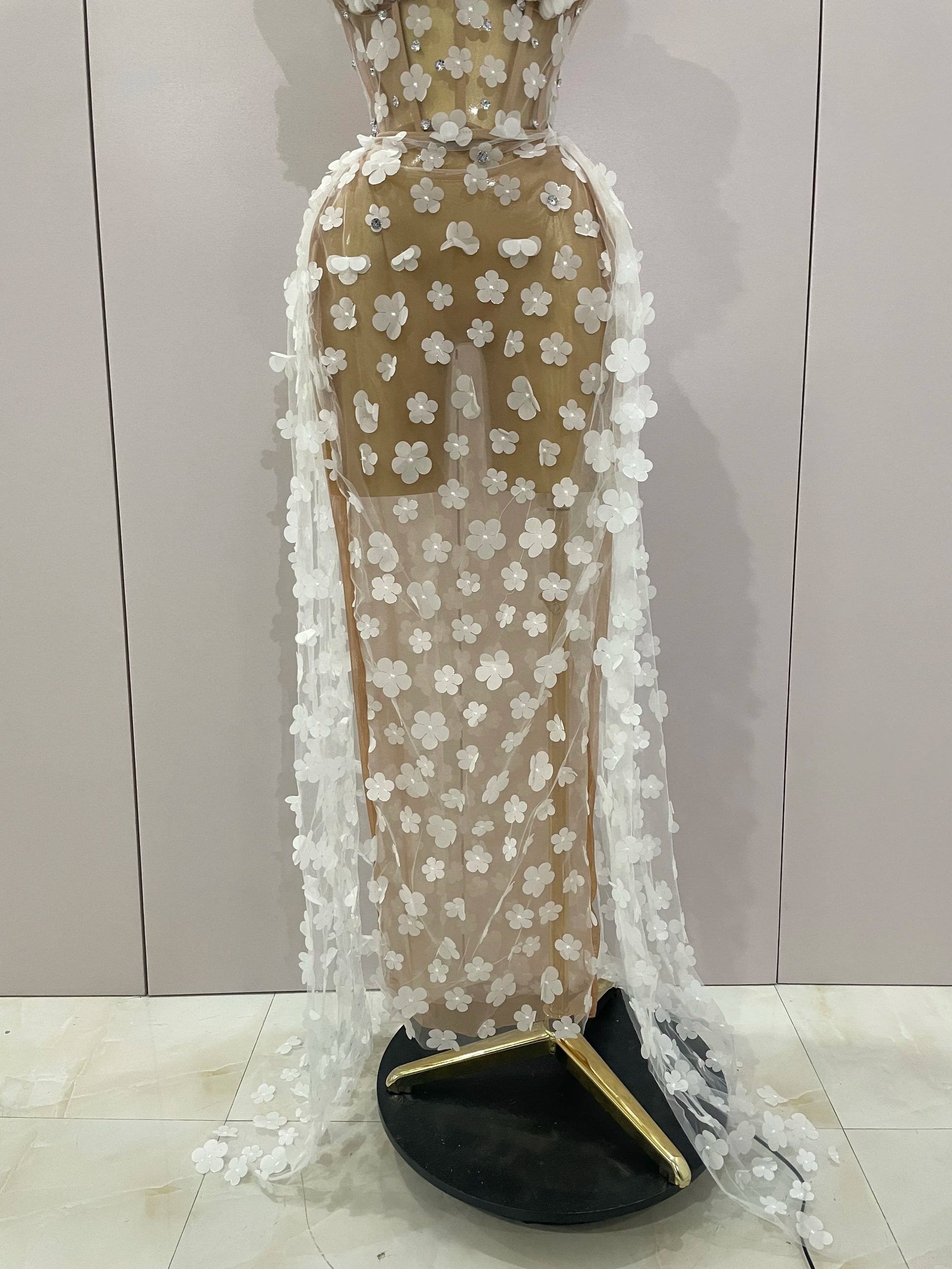 Sexy Mesh See Through Flowers Backless Long Dress 2025 Women Elegant Party Wedding Celebrate Evening Gown Prom Hotwife Outfit