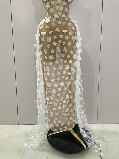 Sexy Mesh See Through Flowers Backless Long Dress 2025 Women Elegant Party Wedding Celebrate Evening Gown Prom Hotwife Outfit