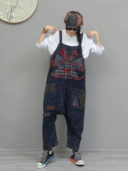 Heavy Embroidery Patch High Waist Overalls Women Autumn Fashion Stylish Loose Jumpsuit LX4372 Badiee Stylez