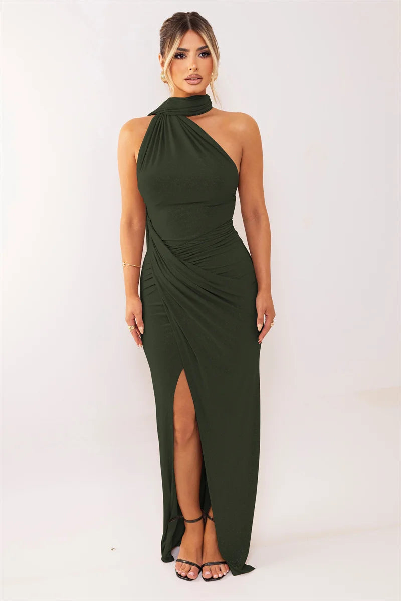 Mozision Halter Off-shoulder Sexy Maxi Dress Women Fashion Sleeveless Backless Ruched Split Club Party Bodycon Long Dresses