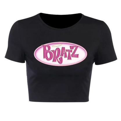 Streetwear 90s Summer New Y2k Women's Clothing Bratz Letter Printing Black Crop Tops O-neck Vintage Casual Short Sleeve T-shirts 30067-black-luqiz