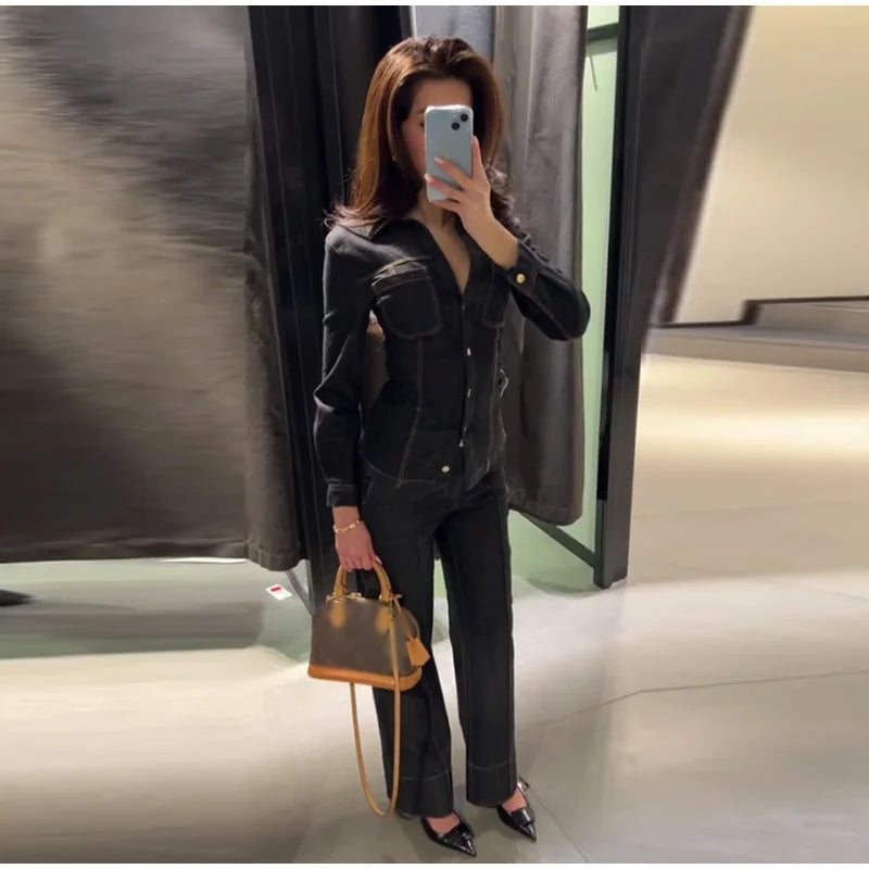 Street Vintage Denim Pants Sets Women Slim Long Sleeve Lapel Single Breasted Jacket Straight Trousers 2025 Autumn Lady Outfits