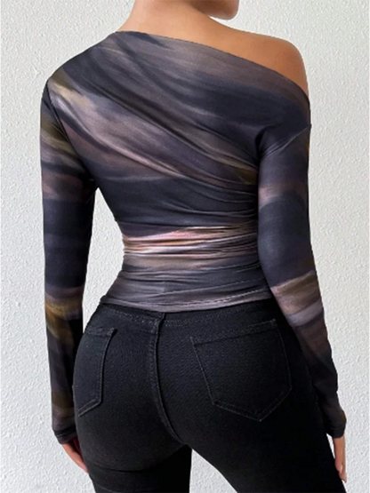 Y2K Slim Fit Long Sleeved Diagonal Collar Printed T-shirt Women's Fashionable Street Sexy Versatile Autumn Top