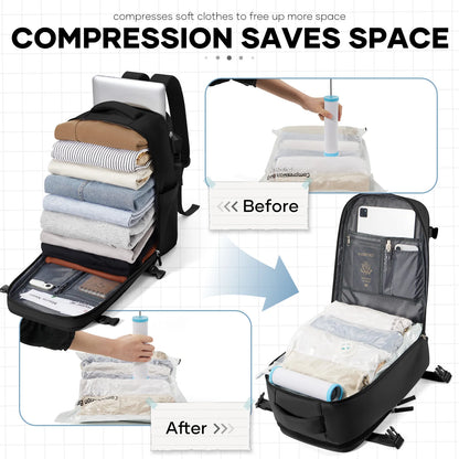 Ryanair 40x25x20 Travel Backpack Large Capacity Foldable Hiking Bag with Vacuum Bags Manual Compression Pump, Storage Backpack