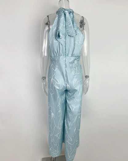 Women's 2025 Off-Shoulder Jumpsuit Flare Wide Leg Romper Artistic Print Lace-up High Waist Vacation Street Style Light Social Badiee Stylez