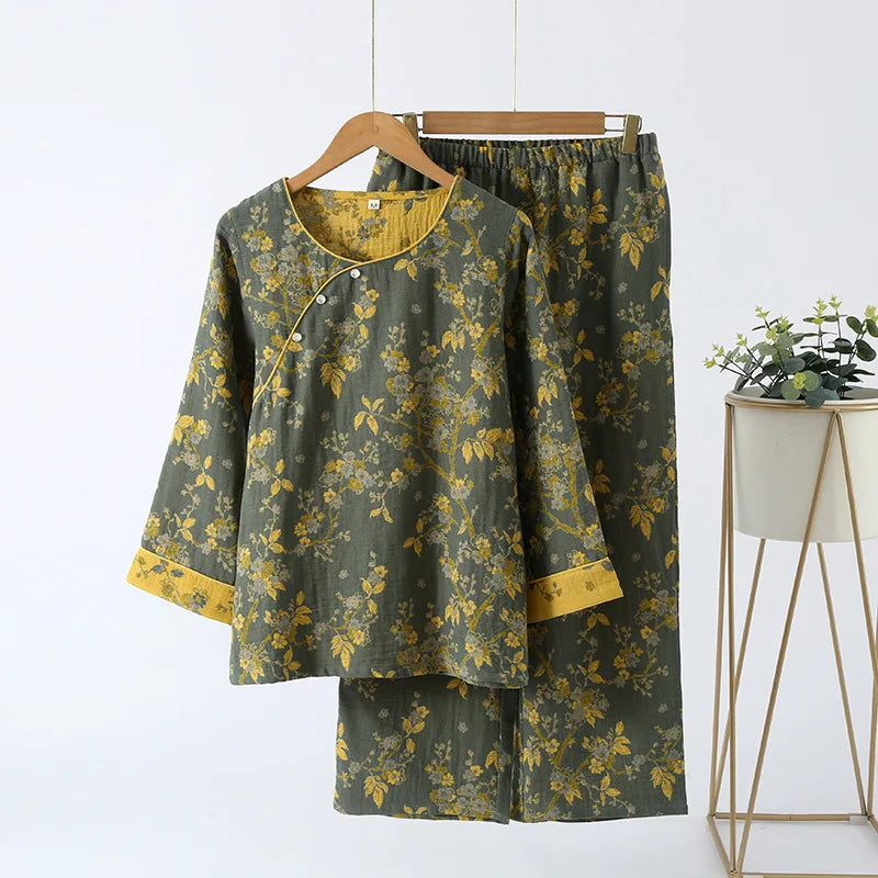 Chinese Style Women's Pajamas, Pure Cotton, Retro Color, Woven Jacquard, Home Clothing, Long Sleeves Trousers, Diagonal Collar green