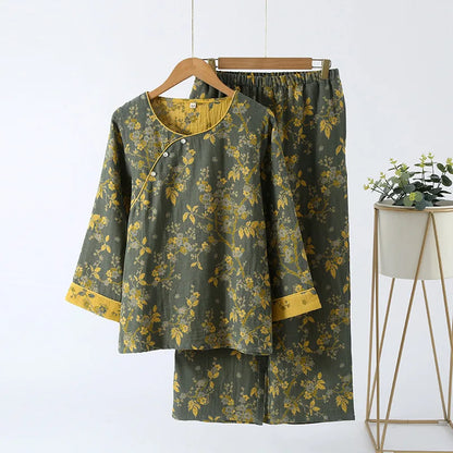 Chinese Style Women's Pajamas, Pure Cotton, Retro Color, Woven Jacquard, Home Clothing, Long Sleeves Trousers, Diagonal Collar green