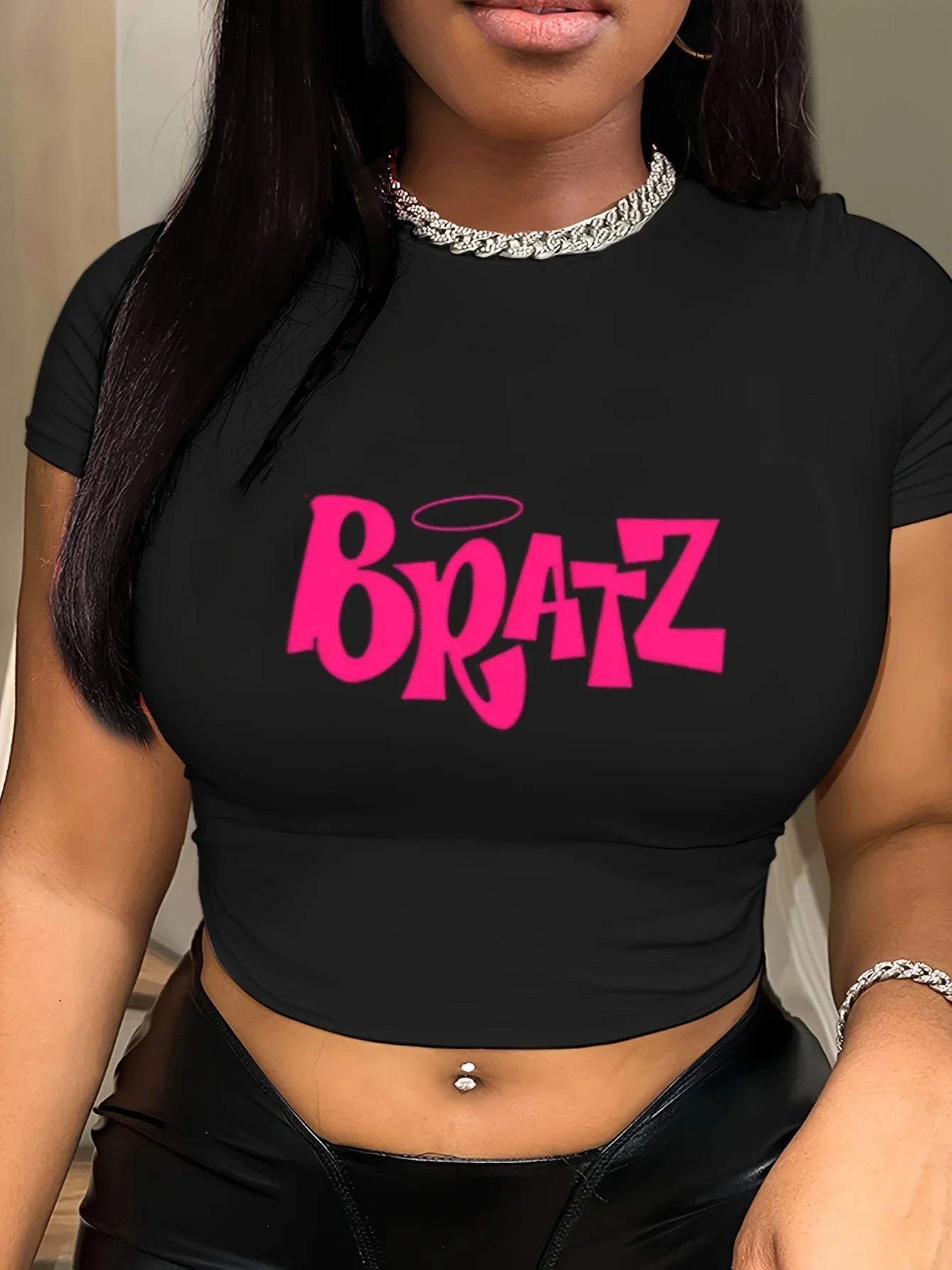 Women's cut T-shirt Y2k pink Bratz letter printed T-shirt O-neck tight short sleeved clothing fashionable women's top p1100luqBIack