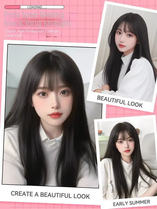 Black Synthetic Wig Fluffy Natural Fringe Waist-Length Straight Hair Women Cosplay Daily Use Of Heat-Resistant Full Head Cover