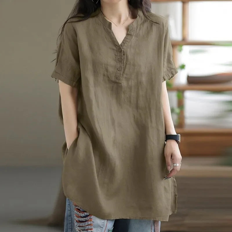 2024 Summer Fashion Cotton and Hemp Women's Shirt Commuting Style Casual Half Open Short Sleeve Casual Shirt Top