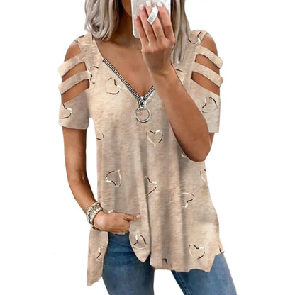 Women Summer Top V Neck Low-cut Hollow Out Short Sleeves T-shirt Match Pants Loose Plus Size Women Blouse Women Clothes Khaki
