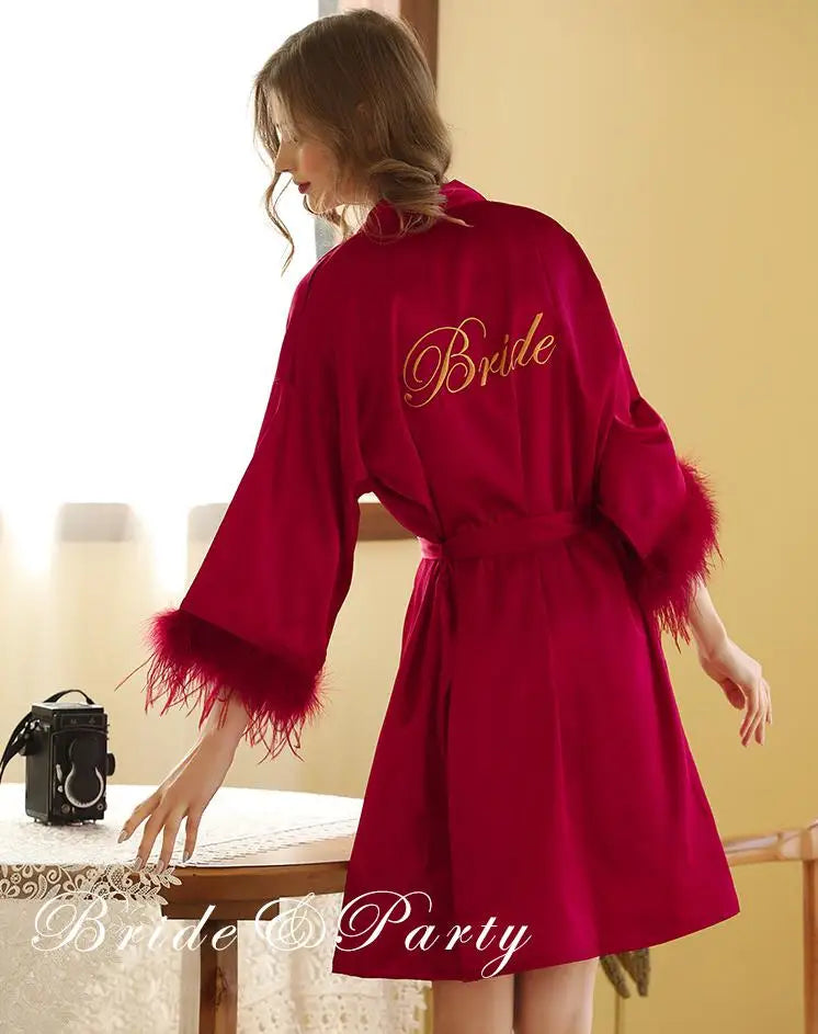 Kimono Bride Bridesmaid Robe Loungewear Wedding Bathrobe Gown Feather Women Embroidery Letter Sleepwear Short Satin Nightgown