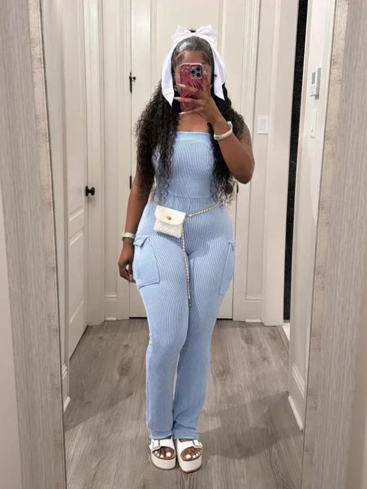 XIZOU Elegant Off Shoulder Strapless Knitted Pockets Girl Jumpsuits Women's Fitted Overalls Outfits Night One Piece Rompers