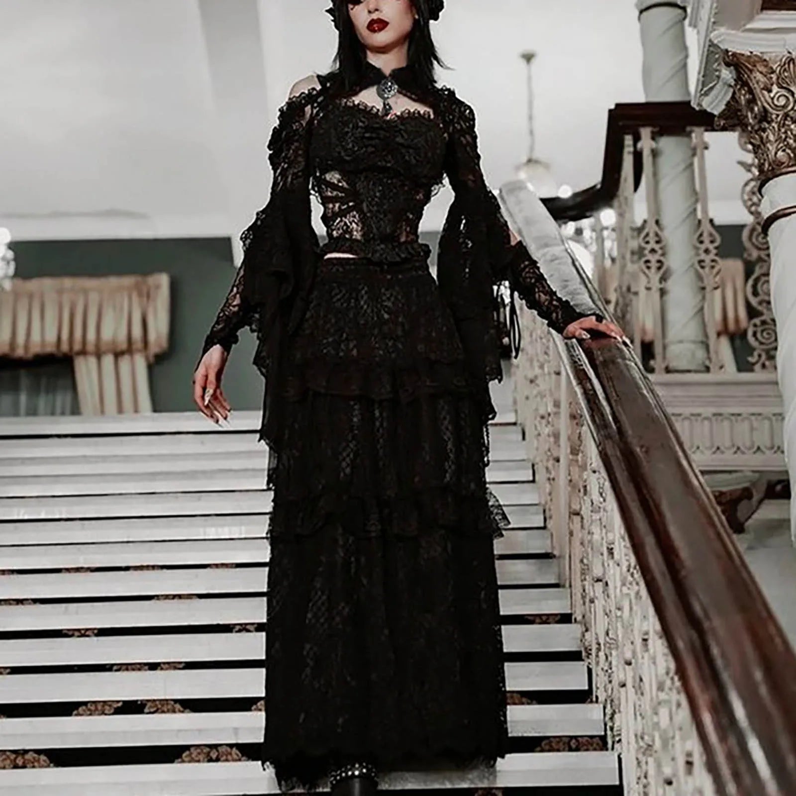 Punk Bolero Shrug Top Trad Goth Black Shawls Flared Sleeve Cover Wraps for Evening Dresses Short Cardigan See-Through Lace Shrug