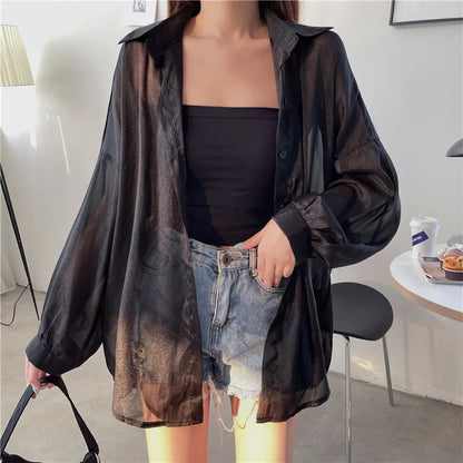 Semi Sheer Long Sleeve Shirt for Women Shimmer Button Down Collared Plain Lightweight Shirt Spring Summer Chic Tops Outfit