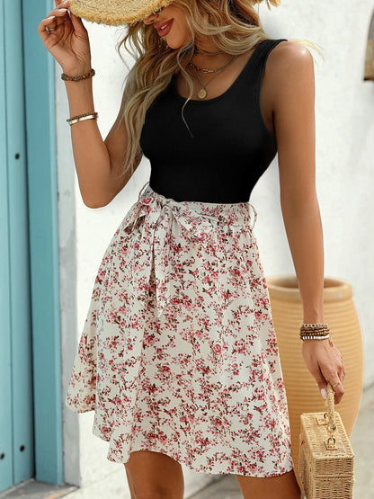 New Summer Woman Elegant Lace-up Sleeveless A-Line Dress,beach Dress For Ladies,Woman Clothing,Floral Dresses black