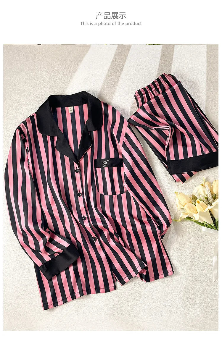 Women Long Sleeve Pajamas 2PCS Set Spring Summer New Sleepwear Loungewear Fashion Stripes Pyjama Pour Femme Loose Satin Homewear