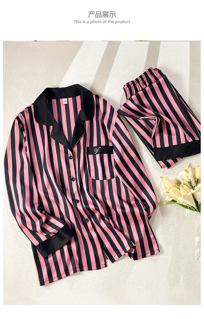 Women Long Sleeve Pajamas 2PCS Set Spring Summer New Sleepwear Loungewear Fashion Stripes Pyjama Pour Femme Loose Satin Homewear