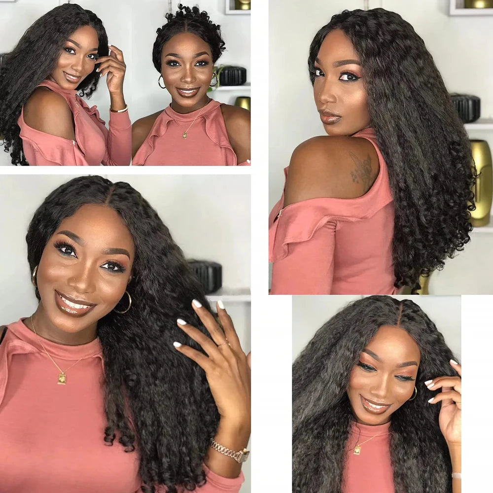 Afro Kinky Straight V Part Wigs with Bouncy Curls Short Synthetic Glueless Wigs for Black Women No Leave Out Clip in Half Wigs Badiee Stylez