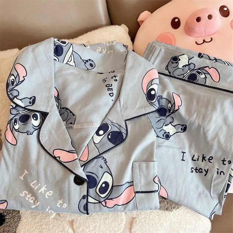 Cartoon Stitch Long Sleeved Sleepwear Pajama Sets Women's New Lazy Style Home Clothes Can Be Worn Outside Women's Pajamas Set