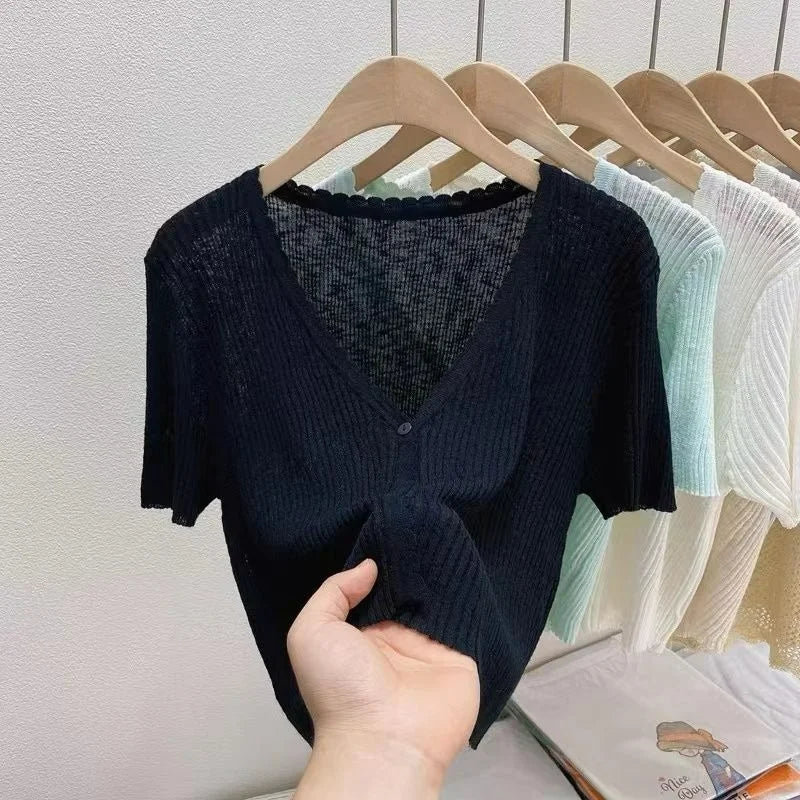 Ice Silk Knitted Cardigan Women's Summer Thin Short-sleeved Outer Wear Sun Protection Short Versatile Simple Commuter Top Black