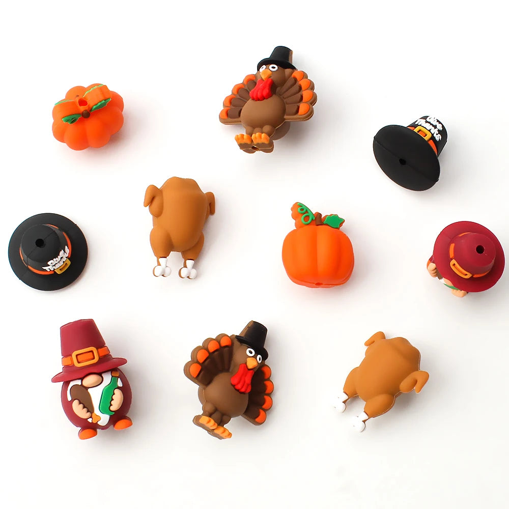 5/10/20pcs Thanksgiving Silicone Beads 3D Pumpkin Turkey Focal Beads for Jewelry Lanyards Keychain Bracelet Making Pen Decor DZ164-MIX