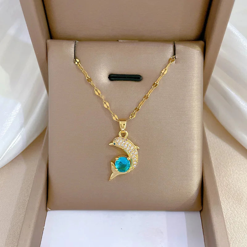 Trendy Square Stainless Steel Green Zirconia Pendant Necklaces For Women Girls Gold Color Metal Round Drop Jewelry Birthday Badiee Stylez