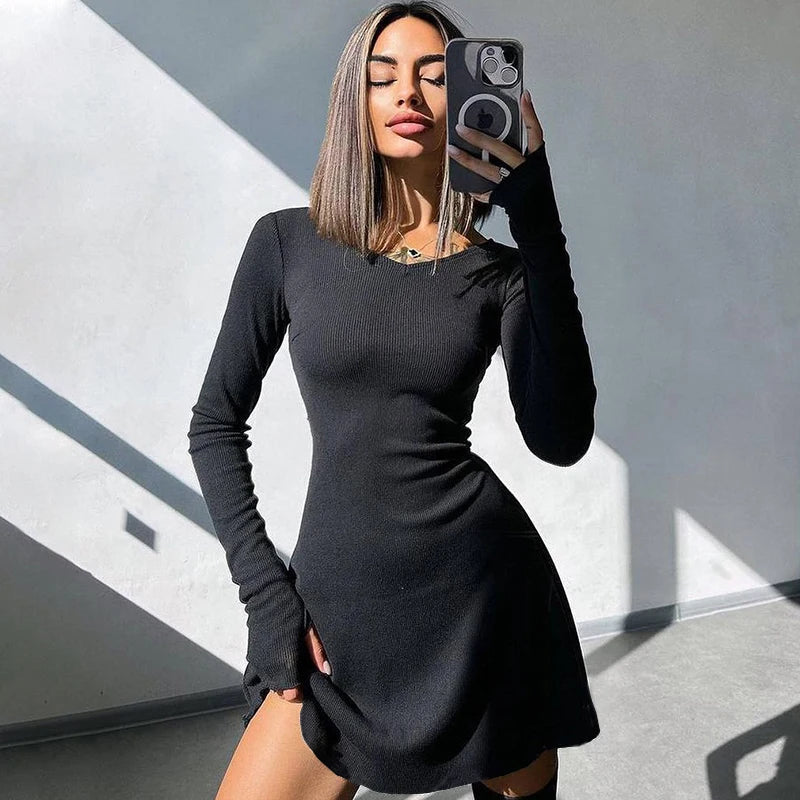 Elegant And Pretty Women Dresses Autumn Winter New Black Sexy Short Dress Female V Neck Long Sleeve Slim Solid Color Mini Dress black