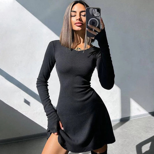 Elegant And Pretty Women Dresses Autumn Winter New Black Sexy Short Dress Female V Neck Long Sleeve Slim Solid Color Mini Dress black