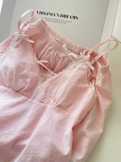Lace Sleepwear Women Pajama Sets Striped Korean Piiama Summer Shorts Sets 2 Pieces Spaghetti Strap Night Wears Pink Home Suit
