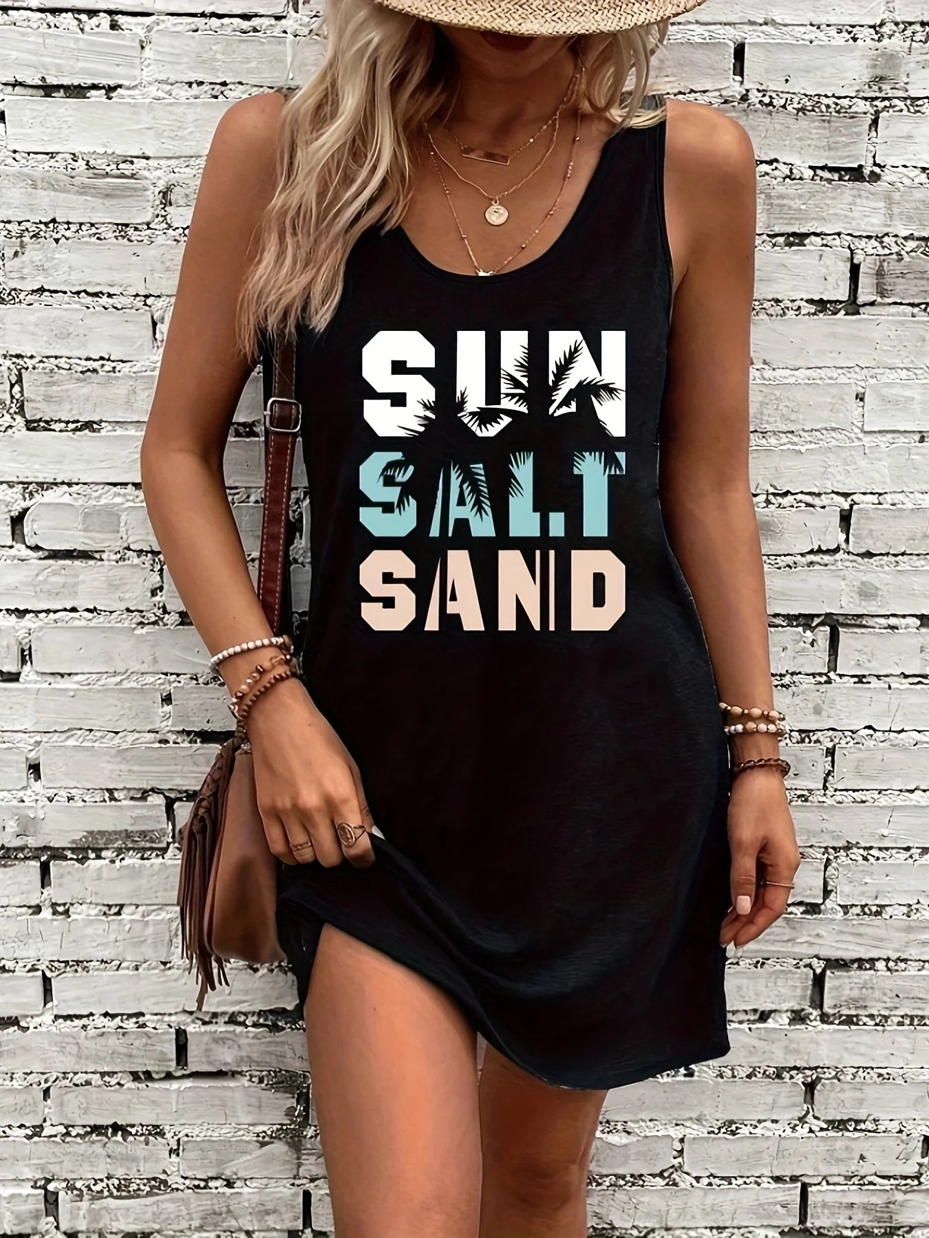 Women's Summer Sleeveless Tank Top Dress Sexy Women's summer loose sleeveless short mini dress with black print